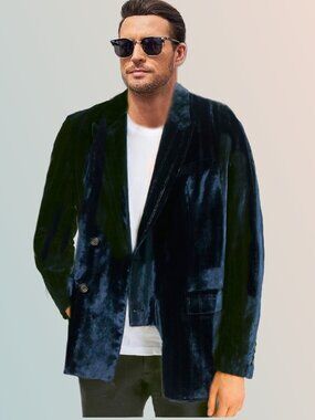 EACH OTHER Soft Fine Shimmer Striped Navy Velvet Blazer Jacket Size S